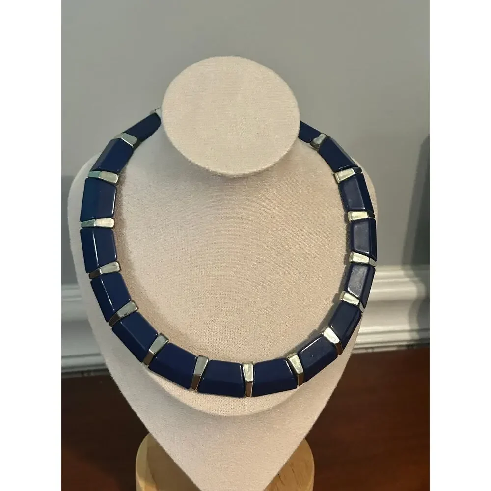 Vintage Cobalt Blue Lucite Panel Collar Necklace Gold Tone Mid Century Retro